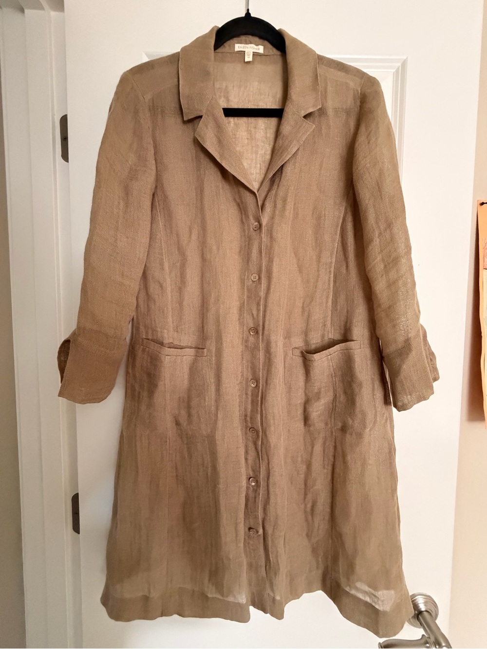 Eileen Fisher Tan Linen Button-Front Trench Coat